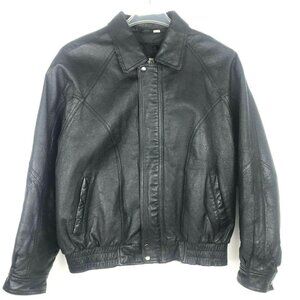 Mens Vtg Black Leather Jacket Bomber Biker Aviator Florenzi Elastic Waist Large
